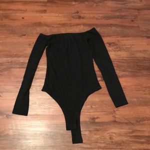 Black ribbed off shoulder bodysuit